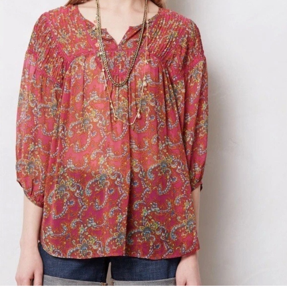 Anthropologie Lil Clara Peasant Blouse Semi Sheer Floral NWT Size M boho